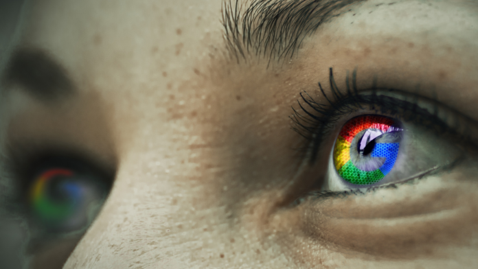 The Google Chrome logo reflecting in the eyes of a human.